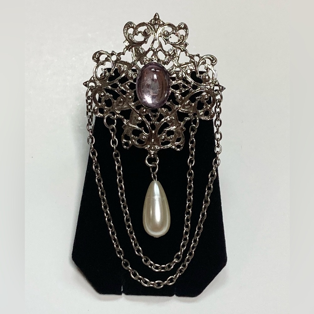 Vintage Large Filigree Faux Pearl Faux Smoky Quartz Chain Dangle Brooch Pin
